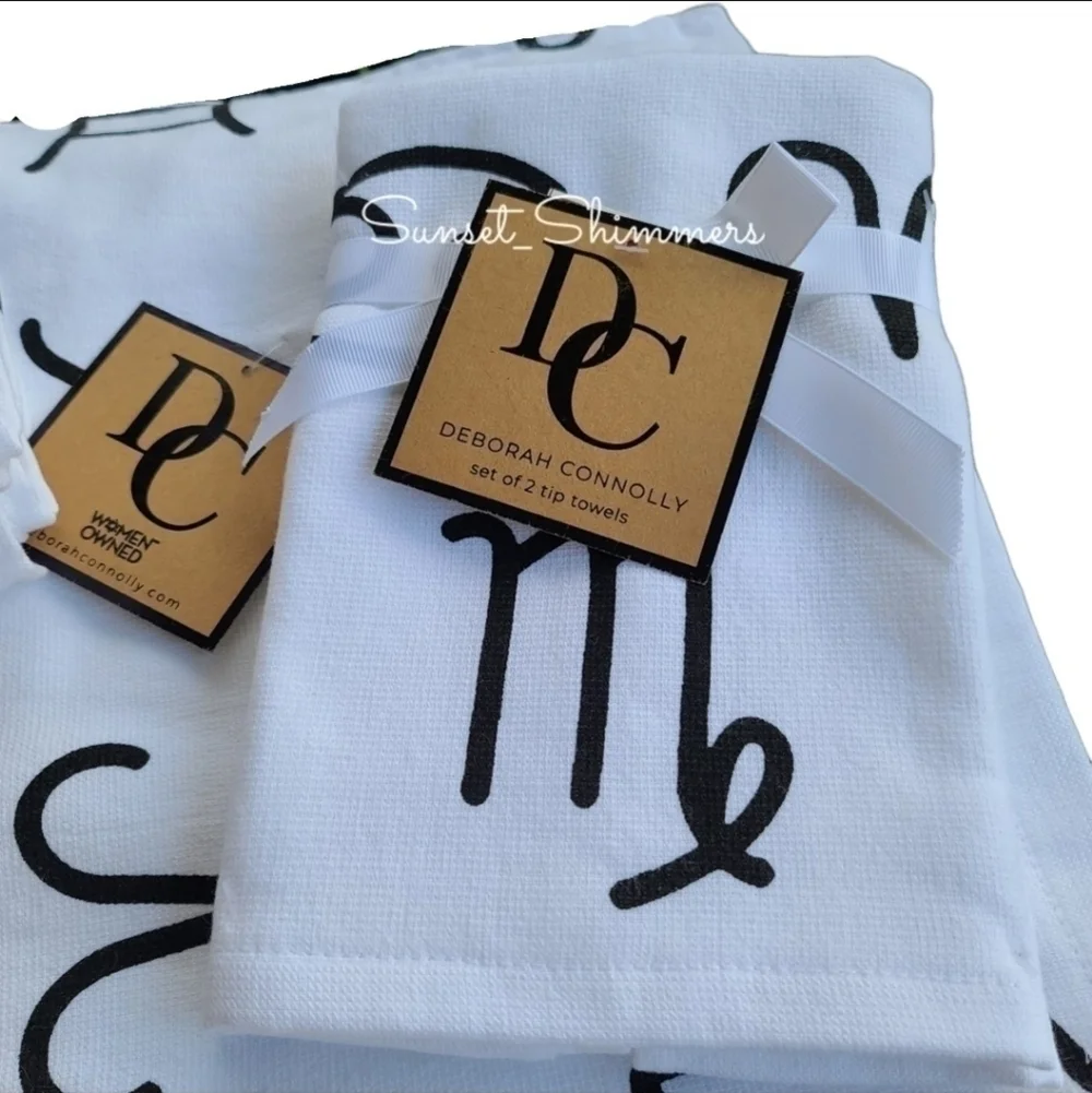 6PC Deborah Connolly Astrology Zodiac Sign Black & White Bath Hand Tip Towel Set